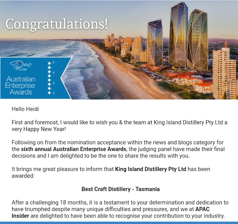 Best Craft Distillery Tasmania award goes to Heidi's King Island Distillery