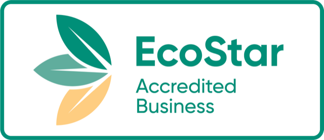 Eco Star Accredited Business logo featuring a stylised leaf design and the words 'EcoStar Accredited Business' in green and beige colours, symbolising environmental sustainability, awarded to King Island Distillery.