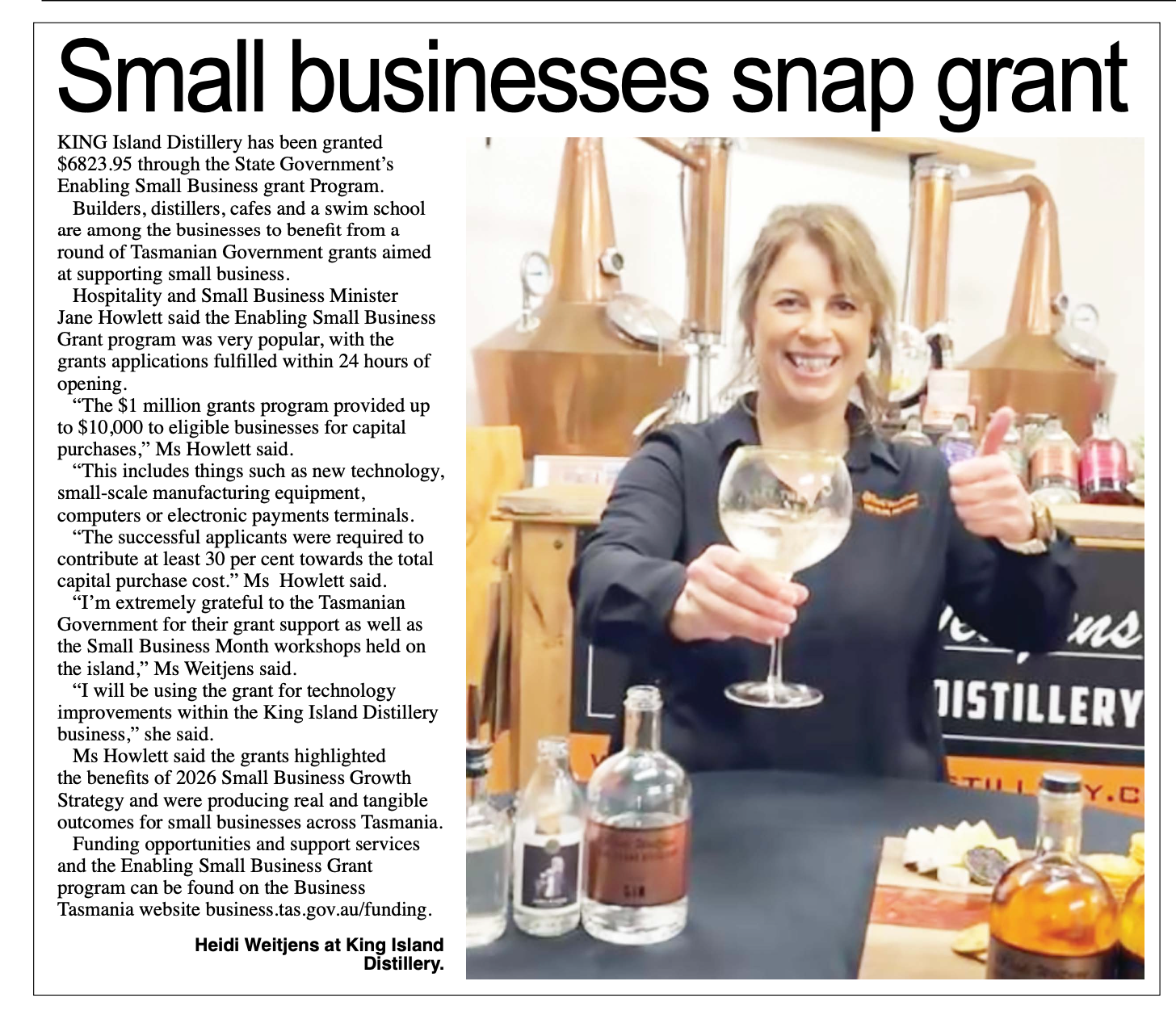 King Island Distillery Awarded a Grant for Growth and Innovation