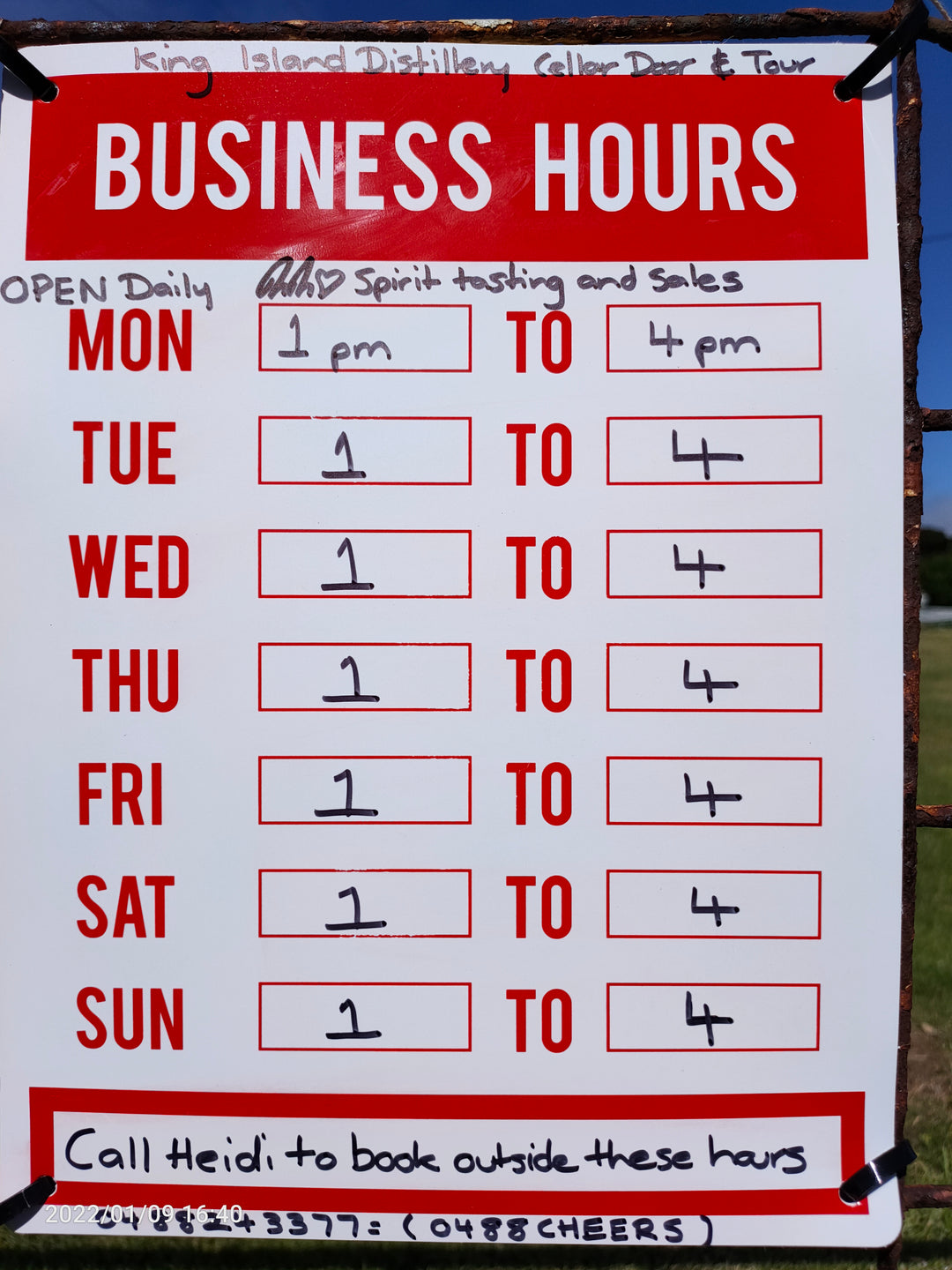 Open hours daily 1pm - 4pm cellar door sales and spirit tasting Heidi Weitjens King Island Distillery