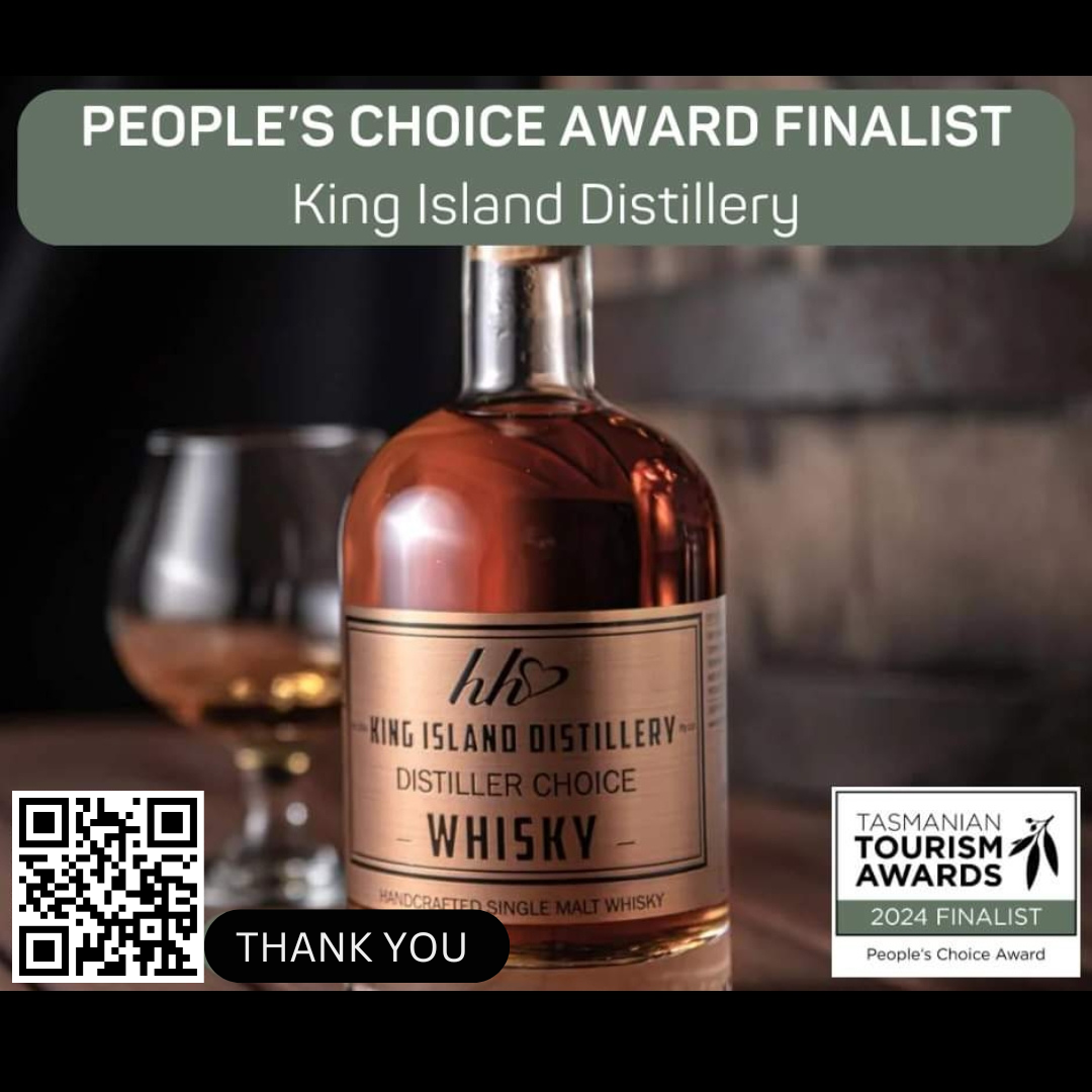 King Island Distillery Spirit Bottle celebrating nomination as a People’s Choice Award finalist at the Tasmanian Tourism Awards, featuring a 'Thank You' message and QR code linking to the website