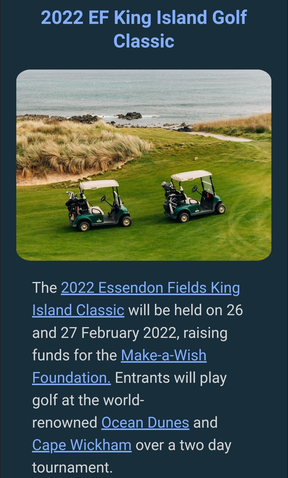 golfing to raise money for make a wish foundation on King Island Tasmania February 2022 Ocean Dunes Golf Links Cape Wickham Golf Links Air Adventure Golf Tours sponsored by King Island Distillery and many others